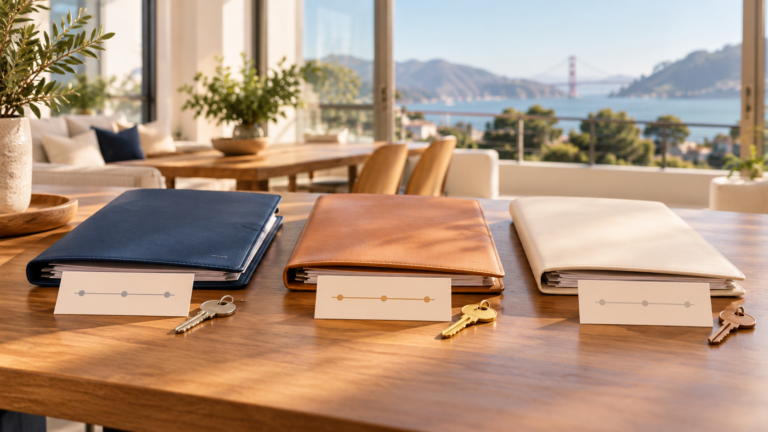 Three folders and house keys representing hypothetical Bay Area home-selling timelines