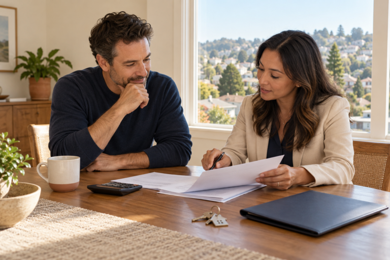 Bay Area homeowner reviewing a mortgage payoff statement with an escrow professional